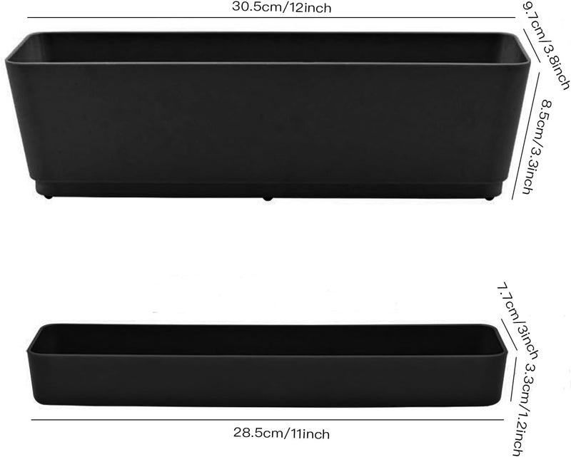 Lainrrew 3 Pack Window Box Planters, 12 Inches Rectangular Planter Plastic Flower Box Plant Pots Plant Containers with Tray for Balcony, Windowsill, Garden, Home Office Outdoor Decoration (Black) - Image 2